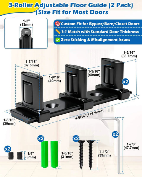 Three Roller Adjustable Sliding Closet Door Floor Guide Upgrade Kit Two Pack Black Bottom Mount For Bypass Double Bypass And Barn Doors Built For Ultra Smooth Glide Protects Panels From Scratches And Wear With Independent Adjustable Rollers, showing dimensions and components.