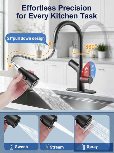 Cobbe Kitchen Faucet with Water Filter, Pull Down Sprayer, Matte Black, showcasing a 21" pull down design with 360-degree swivel.