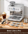 Kickin Up Bold Flavor With A Built In Grinder, 20 Bar Pressure Espresso Coffee Maker, 30 Precise Settings For Perfect Fresh Grounds on kitchen counter with accessories.