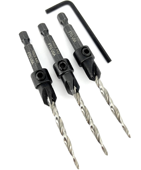 Wicked Sharp 45 Degree Size 8 Wood Countersink Drill Bit Set Three Piece Carbon Steel Hex Wrench on white background