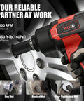 Professional 1 Inch Air Impact Wrench Equipped With A Heavy Duty Twin Hammer System Spits Out 2350 Ft Lbs Of Peak Torque And 5500 Rpm working on lug nuts.