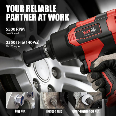 Professional 1 Inch Air Impact Wrench Equipped With A Heavy Duty Twin Hammer System Spits Out 2350 Ft Lbs Of Peak Torque And 5500 Rpm working on lug nuts.