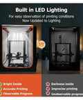 3D Printer Enclosure With LED Light For Ender Series Keeps Dust Out And Maintains Stable Temperature While Printing Built In LED Illumination Lets You Watch Progress Without Opening The Door No Brainer Install And Quiet Operation, comparison of illuminated and non-illuminated printer with checklist features displayed