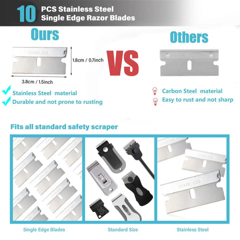Razor Blade Scraper Tool With Built In Blade Storage For Glass Cooktops And Ceramic Stovetops Tackles Grime And Sticky Gunk Includes 10 Stainless Steel Blades For Scraping Burnt Food Old Labels Decals Adhesives And More showing stainless vs carbon steel blade comparison.