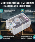 Multifunctional Hand Crank Generator with USB charging, ignition, and lighting features for camping and emergencies.