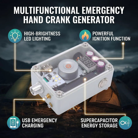 Multifunctional Hand Crank Generator with USB charging, ignition, and lighting features for camping and emergencies.