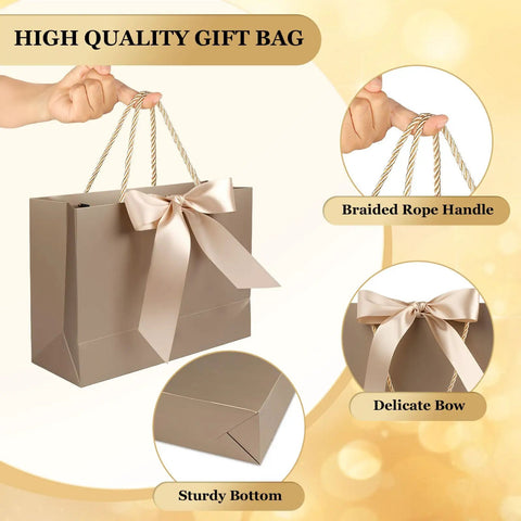 Two Large Gift Bags Set With Two Color Ribbons Two Greeting Cards And Four Sheets Tissue Paper For Birthdays Weddings Baby Showers And Christmas Portable Gift Bags For Easy Gifting At Parties in champagne gold with ribbon.
