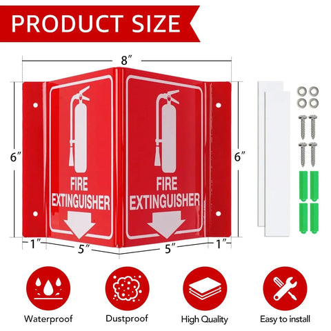Fire Extinguisher Sign With Down Arrow, 8 By 6 Inches, Acrylic Projecting V Sign, Double Sided, Includes Screws For Easy Installation, Ideal For Home Office And Business Safety, 8 Pack shown with installation screws and dimensions