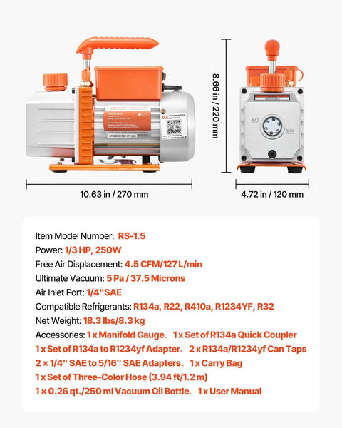 AC Vacuum Pump With Gauge Set 4.5 CFM One Third HP Single Stage Rotary Vane HVAC Kit And Manifold Gauge For R134a R22 R410a R1234YF R32 With Carry Bag For Auto Air Conditioning DIY Friendly, side view with size labels