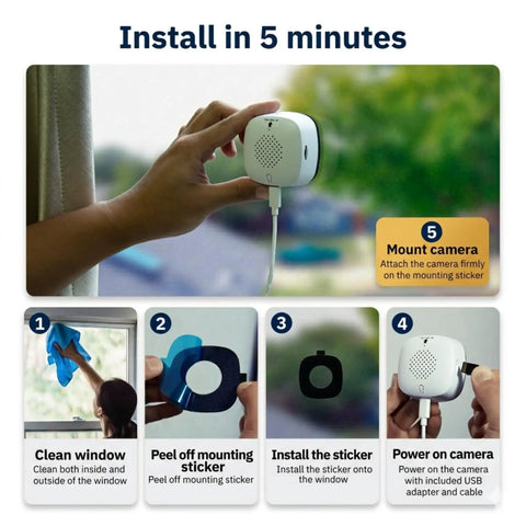 Person installing 3MP 2K Window Camera With Dual Band WiFi 2.4GHz And 5GHz Indoor Home Security Featuring ChroMax AI Color Night Vision