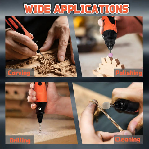 Hands using Must Have 4V Mini Cordless Rotary Tool Kit With 5 Speed USB Charging, 90 Accessories for carving, polishing, drilling, cleaning.