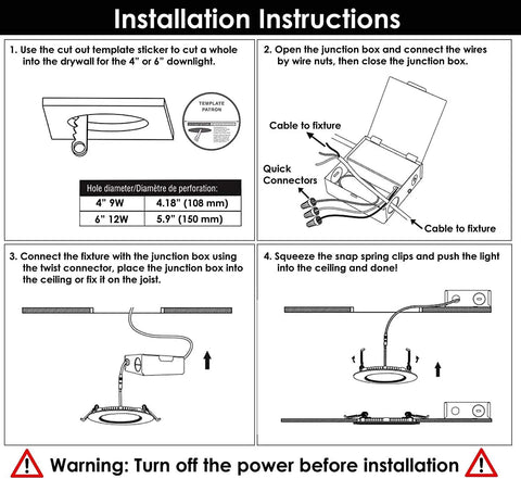 Installation instructions for 6 Inch White Adjustable Gimbal Wafer Downlight 12W 5CCT 2700K 3000K 3500K 4000K 5000K Dimmable