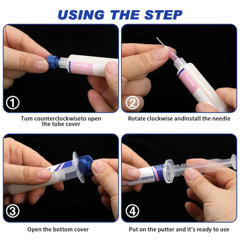Step-by-step usage guide for No Clean Solder Flux Paste For Electronics Soldering With Desoldering Wick, 10cc syringe application.