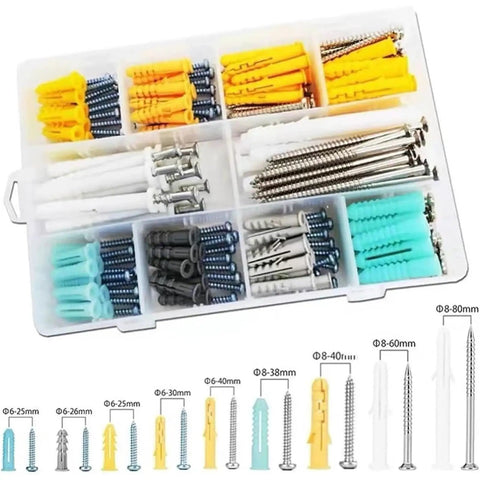 100 Pieces Plastic Drywall Anchors With Screws Kit For Hanging Self Drilling No Prep Install Wall Plug Anchor Set Rust Resistant Yellow Zinc Plated Carbon Steel Screws Durable Heavy Duty Support For Pictures Mirrors Cabinets, assorted sizes in organizer
