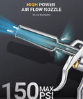 Close-up of Pro Grade Heavy Duty High Volume Air Blow Gun with powerful Venturi nozzle and airflow illustration, 150 PSI max.