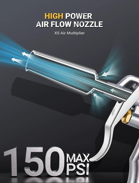 Close-up of Pro Grade Heavy Duty High Volume Air Blow Gun with powerful Venturi nozzle and airflow illustration, 150 PSI max.