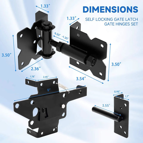 Pro Grade Self Closing Gate Hardware Kit With Heavy Duty Hinges And Latch for Wooden Vinyl PVC Fence Gates dimensions view