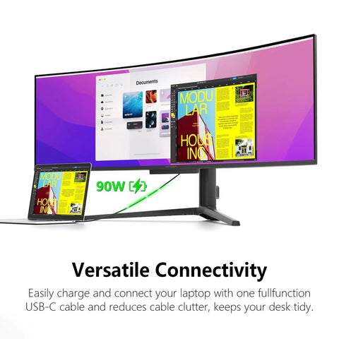 49 Inch OLED Curved Ultrawide Gaming Monitor That Cranks Out 5120x1440, 240Hz, 0.03ms, USB C 90W connected to a laptop