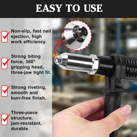 DIY Friendly Pro Grade Rivet Gun Adapter Kit With Drill Attachment, 3-jaw gripping head highlighted, black aluminum alloy.