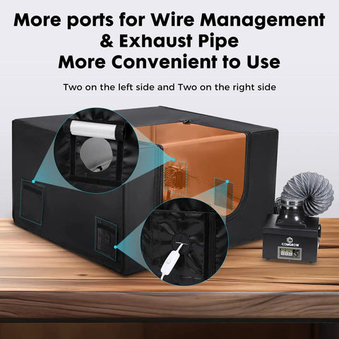 Laser Engraving Enclosure For 700 By 700 By 400mm Machines With Exhaust Fan, showing ports for wire management and exhaust pipe.