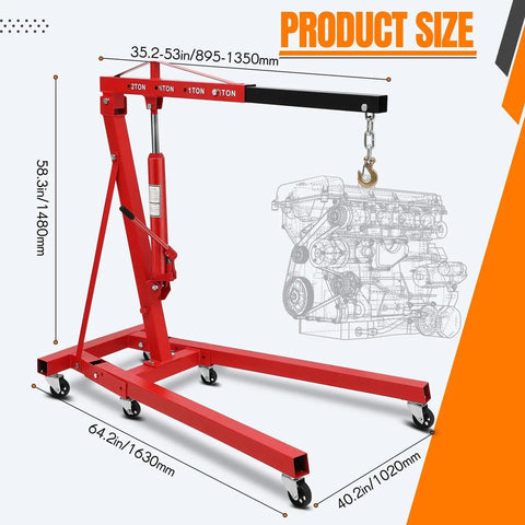 2 Ton Folding Hydraulic Engine Hoist With 4400 Lbs Max Lift, Cherry Picker Shop Crane, 6 Iron Casters, Adjustable 4-Position Telescopic Boom