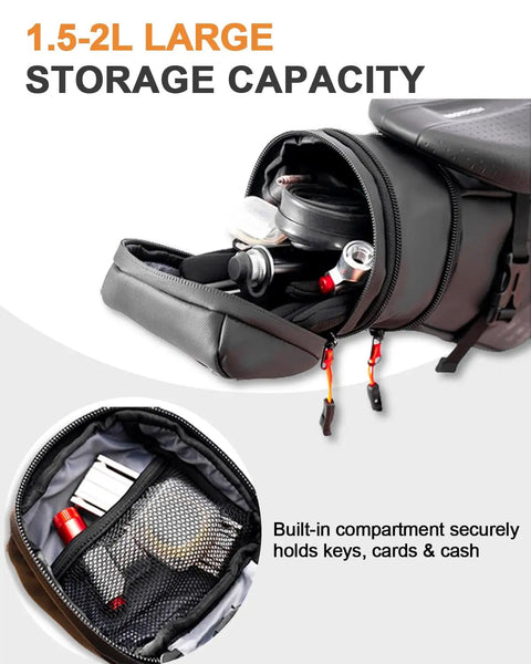 Expandable Bike Seat Bag Under Seat Waterproof Saddle Bag for mountain road and commuter bikes 1.5L to 2L capacity storage