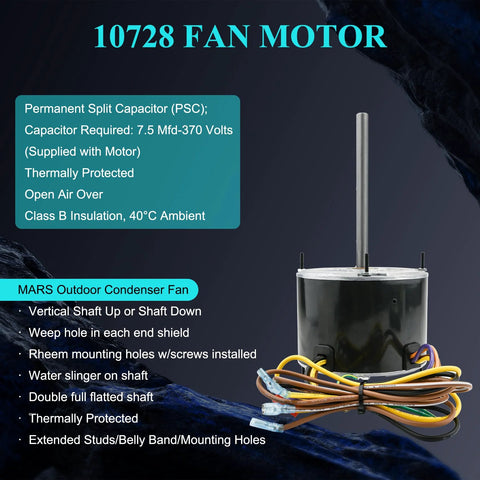 Mars 10728 outdoor condenser fan motor with wiring harness (front view)