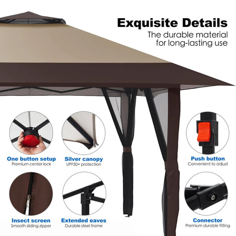 Close-up of 13x13 Pop Up Gazebo With Mosquito Netting, showcasing durable canopy, one-push setup, and adjustable heights, with buttons and connectors.