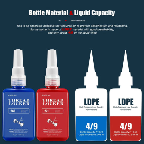 2-pack thread locker bottles: blue 243 (medium) and red 271 (high) for bolts and nuts