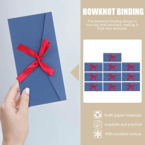 Blue retro invitation envelopes set with red bowknot, 10 pack, 22x11cm, 250gsm Kraft paper for greeting cards and party invitations.