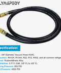 Front view of black rubber 3/8-in vacuum hose, 5 ft, brass fittings for HVAC/refrigeration use