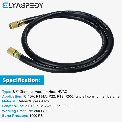 Front view of black rubber 3/8-in vacuum hose, 5 ft, brass fittings for HVAC/refrigeration use