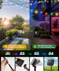 Outdoor patio with solar-powered multicolored and warm white string lights, showcasing 10 shatterproof LED bulbs