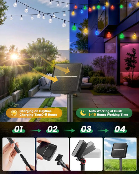 Outdoor patio with solar-powered multicolored and warm white string lights, showcasing 10 shatterproof LED bulbs