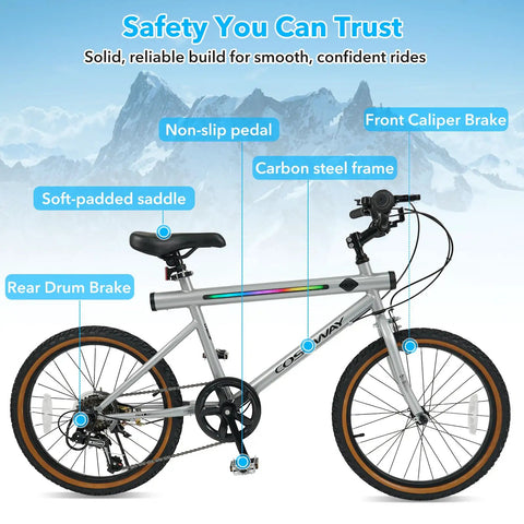 20 Inch LED Lit Mountain Bike With Built In Stereo Speakers And Wireless Music, high carbon steel frame, front view