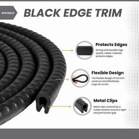 Black Edge Guard Trim For One Sixteenth Inch Metal Edges, 20 Feet Long shown coiled with protective features.