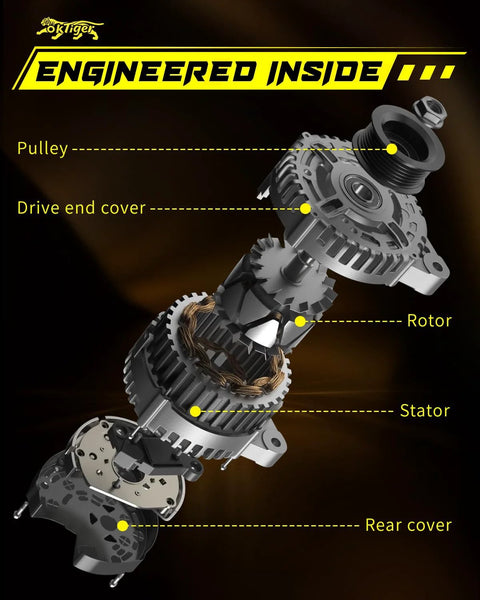Exploded view of Beefed Up 150 Amp 12V Diesel Alternator For Ford Super Duty F250 F350 F450 F550 parts including rotor and stator