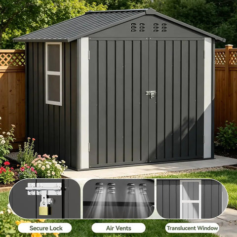 Outdoor Storage Shed With Window Lockable Garden Toolhouse For Backyard Use Ventilated Weather Resistant Durable Galvanized Steel Panels Built To Withstand Rain Wind And Snow Light Grey 6X4FT Backyard Workhorse front view