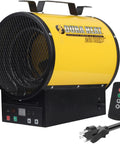 Heavy Duty 240V Electric Forced Air Heater With Wireless Remote Control 12800 BTU Portable Garage Workshop Space Warmer showing yellow unit with remote.