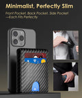 Slim RFID Blocking Wallet For Men With Pop Up Card Holder, Metal Shell, Carbon Fiber Finish next to phone