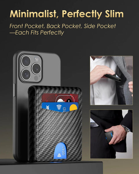 Slim RFID Blocking Wallet For Men With Pop Up Card Holder, Metal Shell, Carbon Fiber Finish next to phone