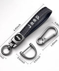 Premium Genuine Leather Keychain On Point Style Real Deal Fit For Jeep Wrangler Compass Cherokee Renegade Patriot Grand Commander Zinc Alloy Keyring Lanyard with measurements.