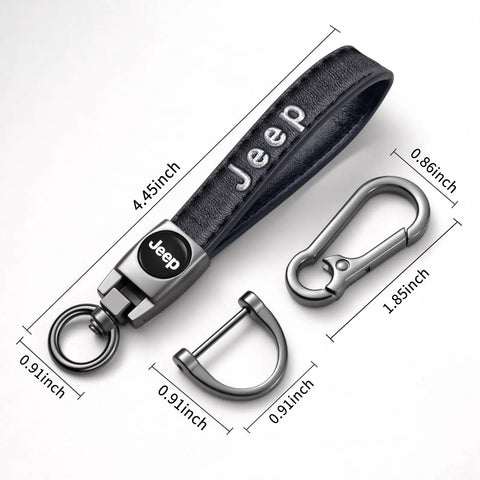 Premium Genuine Leather Keychain On Point Style Real Deal Fit For Jeep Wrangler Compass Cherokee Renegade Patriot Grand Commander Zinc Alloy Keyring Lanyard with measurements.