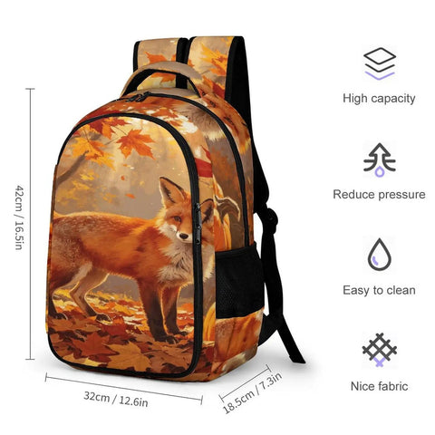 Autumn Forest Pumpkin Fox Printed Unisex Backpack With Large Capacity For Everyday Use Made From Durable Polyester Breathable Daypack With Smooth Zipper And Easy Cleaning, featuring a realistic fox design and detailed dimensions.