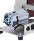 Rock Solid Mini Belt Sander With Seven Adjustable Speeds showing durable motor and stainless steel base for wood finishing work.