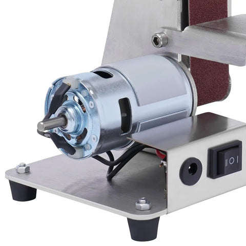 Rock Solid Mini Belt Sander With Seven Adjustable Speeds showing durable motor and stainless steel base for wood finishing work.