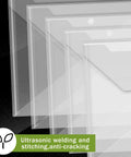 Clear Plastic Envelopes With Snap Closure 100 Pack A4 Size File Folders displayed with ultrasonic welding detail.