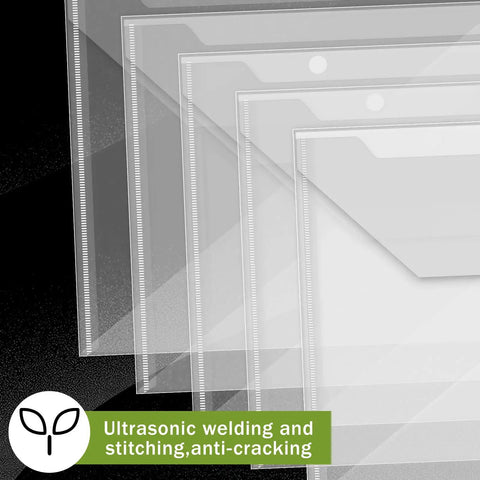 Clear Plastic Envelopes With Snap Closure 100 Pack A4 Size File Folders displayed with ultrasonic welding detail.