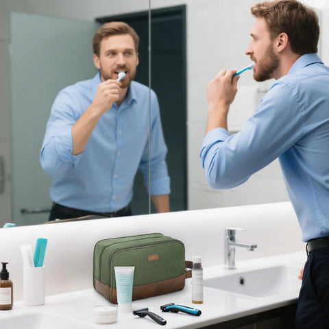 Man brushing teeth beside Your Go To Travel Toiletry Bag With Wet Dry Separation, Large Main Compartment, Water Resistant Hanging Dopp Kit