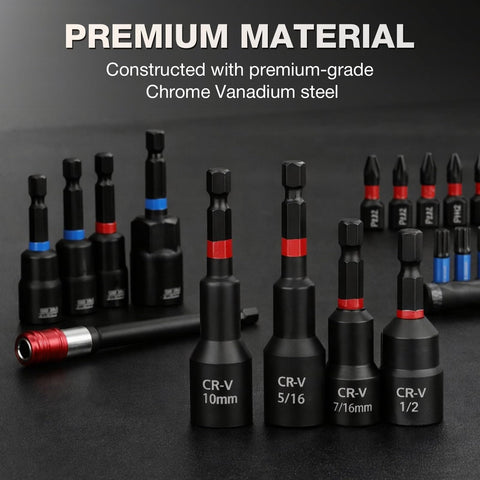80 Piece Magnetic Impact Nut Driver Set With SAE And Metric Sockets And Universal Sockets Wing Nut Drivers Adapters And Bit Holder For Power Drill And Impact Driver For Auto And Home Repair; close-up view of sockets showcasing CR-V material.